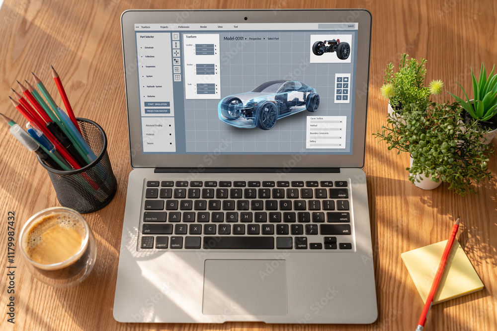 Poster electric car design software on computer screen showing simulation blueprint snugly by digital calcu