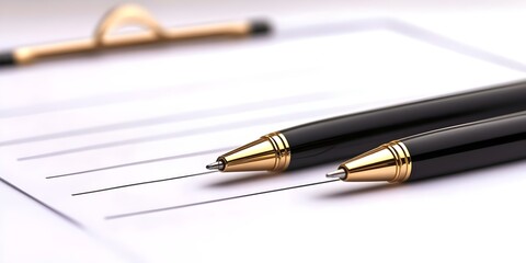 Two elegant black pens with gold accents placed on a blank clipboard with lines, suggesting a writing or signing task. Concept Elegant Pen Design, Writing Accessories, Professional Setting