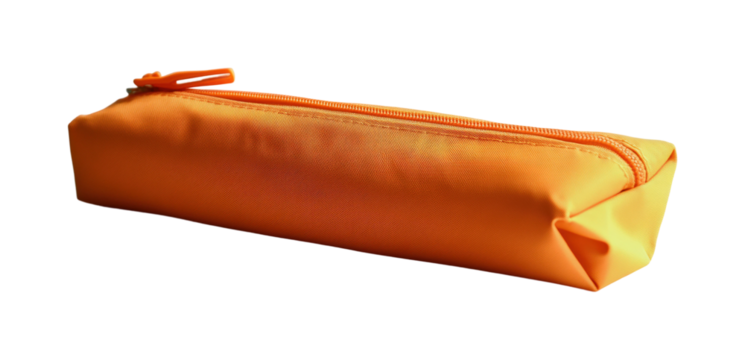 Minimalist bright orange pencil case modern workspace product clean background eye-level functional design isolated on transparent background png