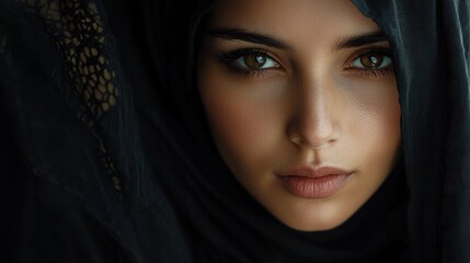 Naklejka premium beautiful young Muslim woman covered her face in black hijab. focus on the eyes