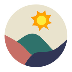 Boho Art Sun and Mountain in Circle. Trendy Modern Sky Retro Desert Pop Art.