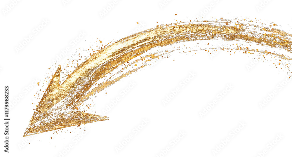 Poster gold curved arrow with metallic brush accents and glittering particles isolated on transparency background, creating luxurious and dynamic design element