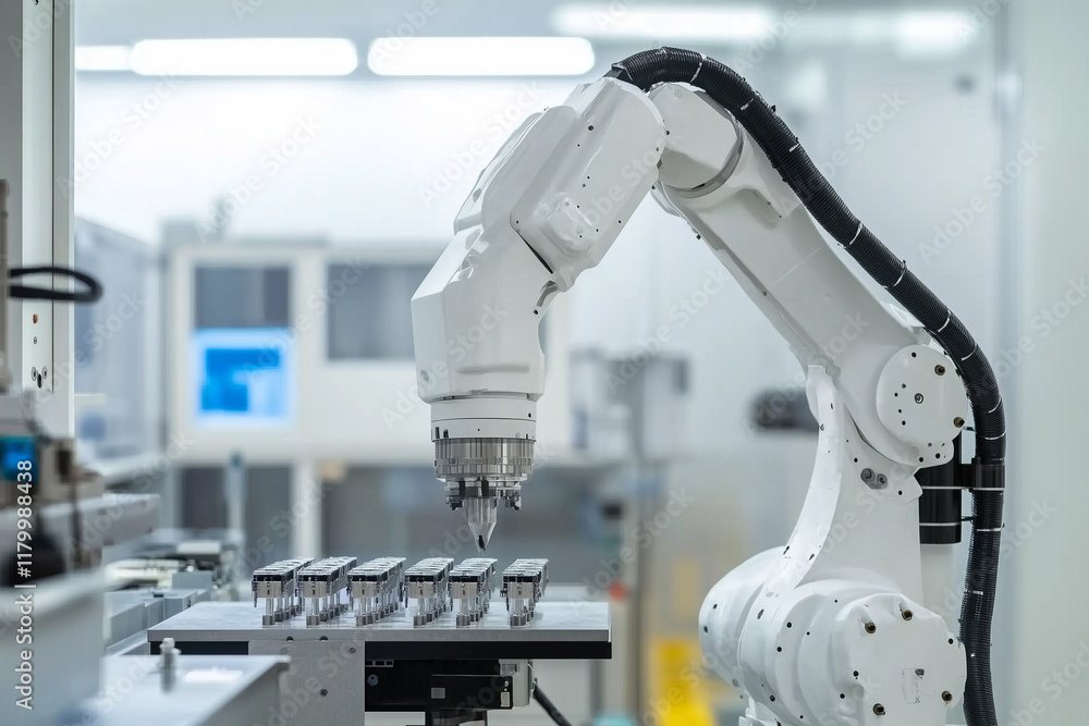 Poster industrial robotic arm operating in modern manufacturing environment, assembling precision component