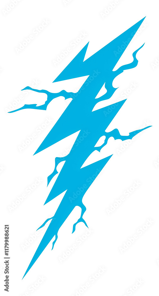 Poster turquoise lightning bolt symbol with jagged edges and electric energy, isolated on transparency back