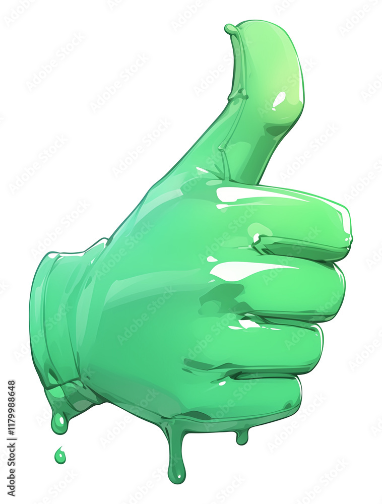 Poster glossy green thumbs up symbol with dripping liquid effect, isolated on transparency background, conv