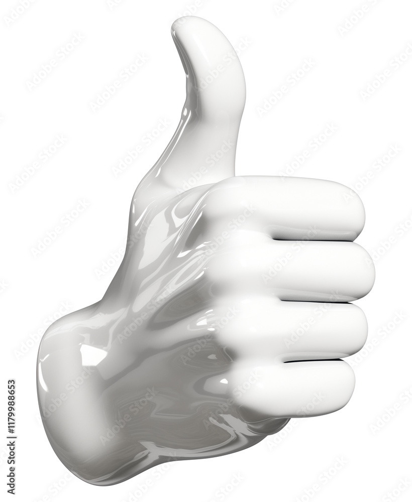 Poster glossy white thumbs up symbol with clean lines, isolated on transparent background, representing app