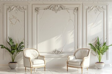 Elegant interior design showcasing white chairs and marble walls in a bright, serene setting