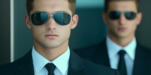 Two men in suits and sunglasses, exuding a sense of cool confidence or professionalism, possibly in a business or security setting. Concept Business Professionals, Cool Confidence, Stylish Suits