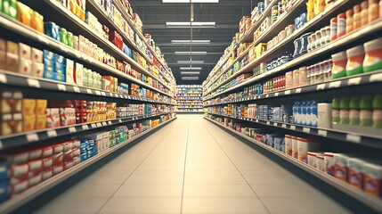 A supermarket aisle filled with various packaged products on shelves. inflation goods impact