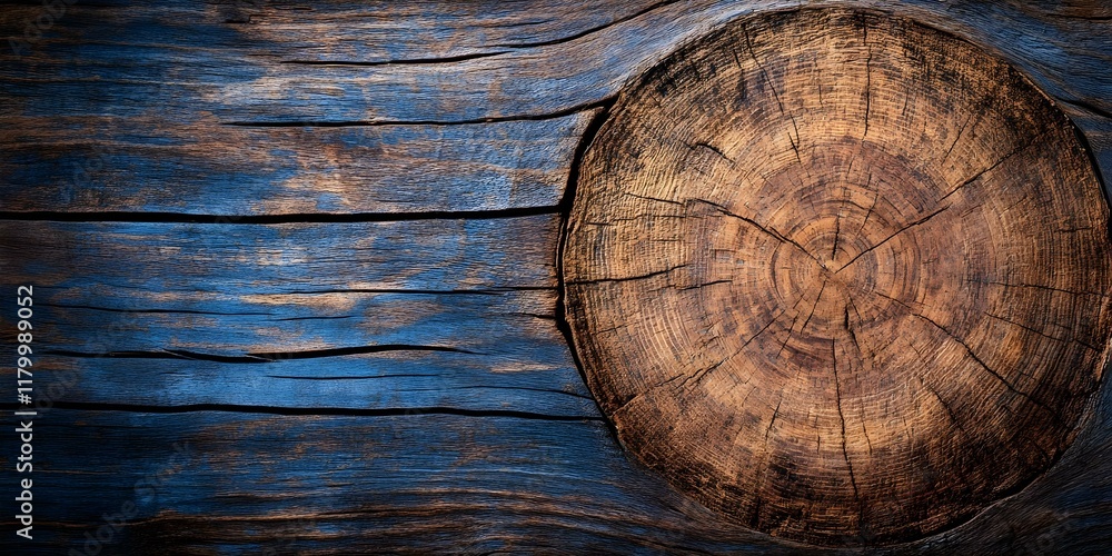Poster a close-up of a textured wooden surface with visible grain patterns and a circular cross-section of 