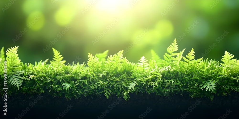 Aufkleber a close-up of lush green grass and ferns with soft sunlight filtering through, creating a serene nat