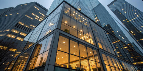 Fototapeta premium Skyscrapers soar against the evening sky, their glass exteriors reflecting a soft glow from the interior lights. The angular architecture and sleek design create a modern urban atmosphere.AI