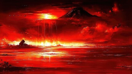 Fiery sunset over volcano.