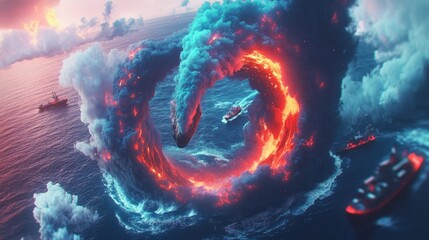 Fiery vortex over ocean; ships in background; surreal scene.