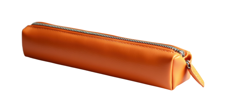 Minimalist bright orange pencil case on product studio setting high fidelity design isolated on transparent background png