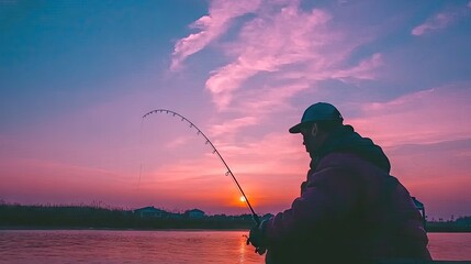 Fisherman Silhouetted at Sunrise on River.