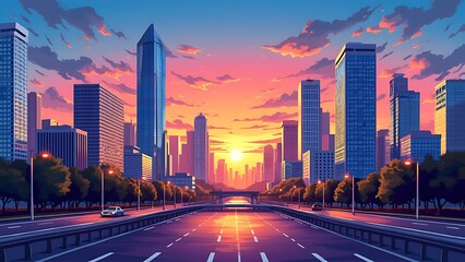 Obraz premium Modern Skyline at Sunset: Vibrant Urban Cityscape, Colorful Sunset Over a Futuristic Downtown, Urban Serenity: City Silhouettes and Glowing Sky. Ai 