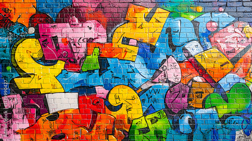 Poster a colorful mural filled with abstract shapes and letters creates an energetic backdrop in an urban a