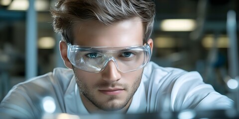 A focused young man wearing protective goggles in a laboratory setting, likely engaged in scientific experimentation or research. Concept Laboratory Experimentation, Protective Gear