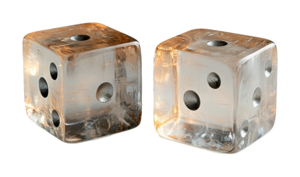 Modern transparent dice set showcase gaming accessories studio environment high fidelity perspective isolated on transparent background png