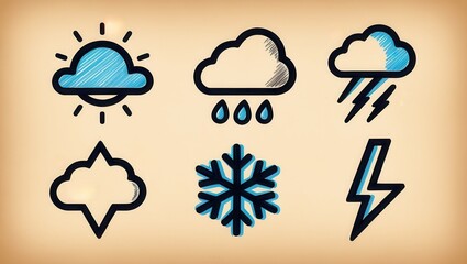 Fototapeta premium Hand drawn Weather Icons Sun Rain Snow Storm Cloud Set for App Design