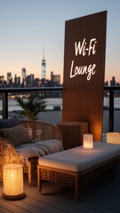 Cozy rooftop wi-fi lounge with cityscape view at sunset