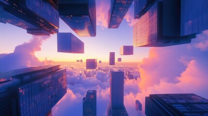 Floating city buildings sunrise clouds futuristic cityscape.