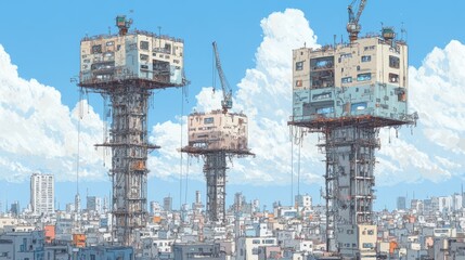Floating city buildings, urban landscape, construction, future city, artistic view.