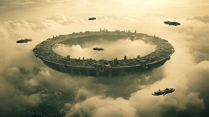Floating city in clouds, futuristic cityscape, aerial view, possible use for video game background.