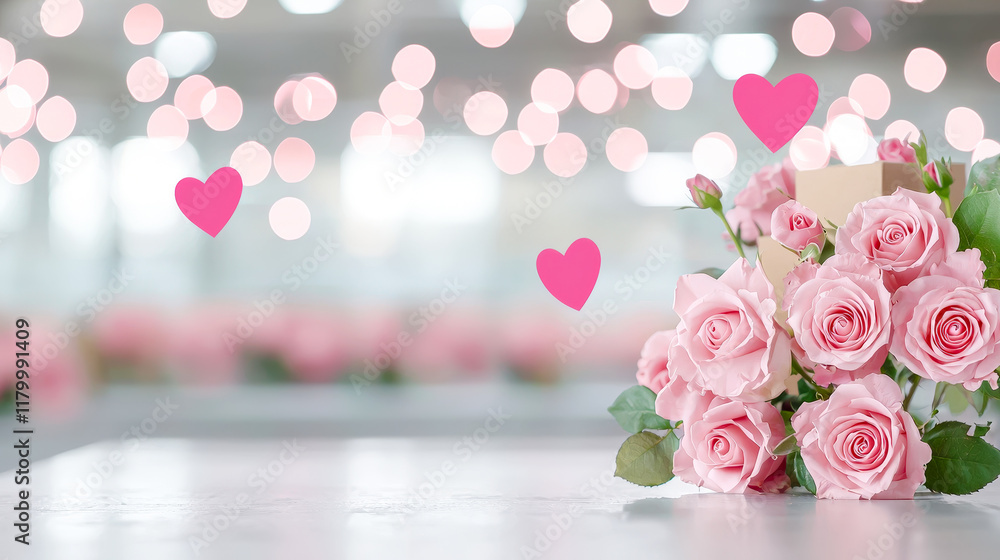 Poster Beautiful pink roses arranged elegantly on a table with soft bokeh lights in a romantic setting