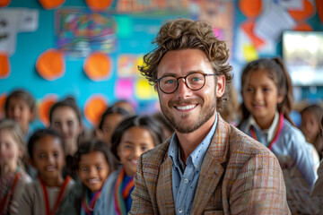 Teacher with glasses is smiling at group of children at school room
