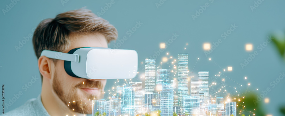 Poster man using virtual reality headset to explore futuristic city landscape in modern indoor setting