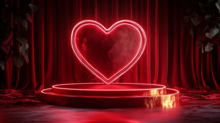 Heart-shaped podium with glowing neon edges, set against a luxurious red velvet backdrop 