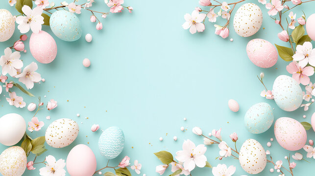 Colorful Easter eggs decorated with flowers arranged on a light blue background during spring celebration