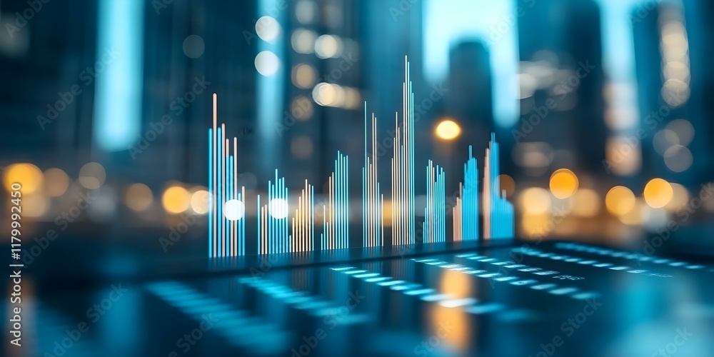 Poster a visual display of sound waves or data, featuring colorful bar graphs against a blurred cityscape b