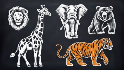 Chalkboard Drawing of Safari Animals Lion Giraffe Elephant Bear and Tiger