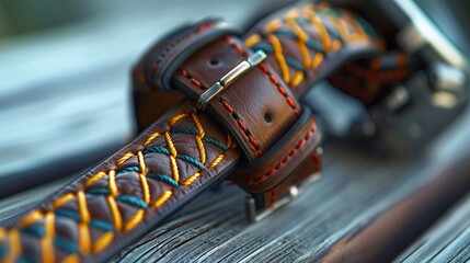 A close-up of a luxury leather watch strap with vibrant colored stitching, resting on a clean wooden surface.