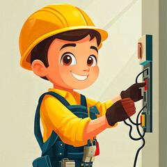 Colorful illustrations for children showcasing various electricity-related professions such as electricians, electrical technicians, auto electricians, and more, perfect for books, online education, a