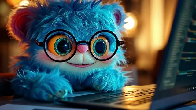 Cute blue creature coding on a laptop in a cozy indoor setting during the evening
