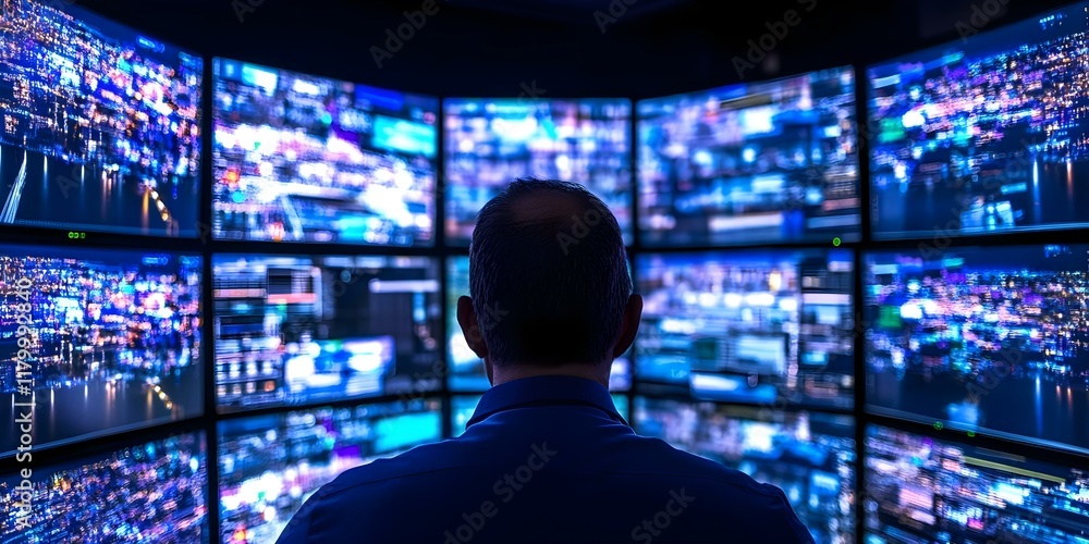 Poster a person sits in front of multiple screens displaying vibrant cityscape visuals and data, immersed i