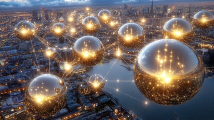 Floating spheres connect city at night. Possible use futuristic concept.
