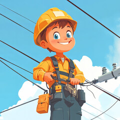 Colorful illustrations for children showcasing various electricity-related professions such as electricians, electrical technicians, auto electricians, and more, perfect for books, online education, a