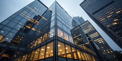 Naklejka premium Tall skyscrapers dominate the city skyline with their reflective glass facades capturing the surrounding urban environment.Buildings are lit from within, strikingly contrasting with the evening sky.AI