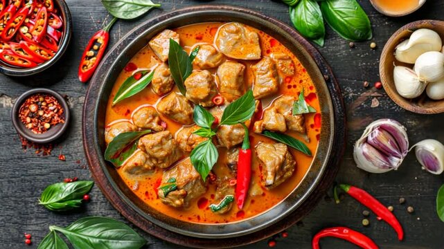 Delicious Thai curry featuring tender meat, fresh basil, and vibrant spices in rustic bowl, garnished with red chili and garlic for inviting food experience.