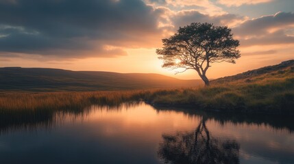 Obraz premium Sunset solitude tree, lake, hills, reflection, peaceful landscape