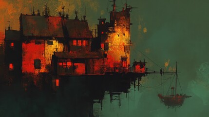 Floating village at twilight, surreal scene, possible use wallpaper.