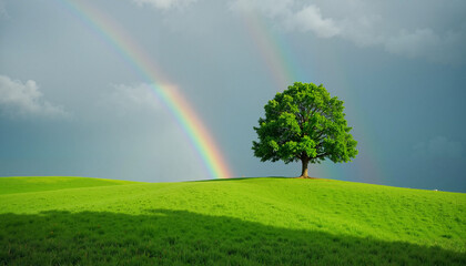 Lone tree under rainbow on green hillside, St. Patrick's Day theme
