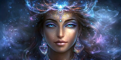 A cosmic-themed portrait of a woman with celestial features, adorned with intricate jewelry and surrounded by vibrant cosmic elements. Concept Cosmic Portrait, Celestial Features, Intricate Jewelry