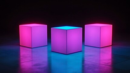 Three Neon Cubes Illuminate Dark Room