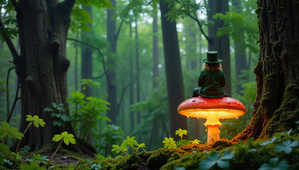 Child in green attire sitting on glowing mushroom in forest, St. Patrick's Day theme